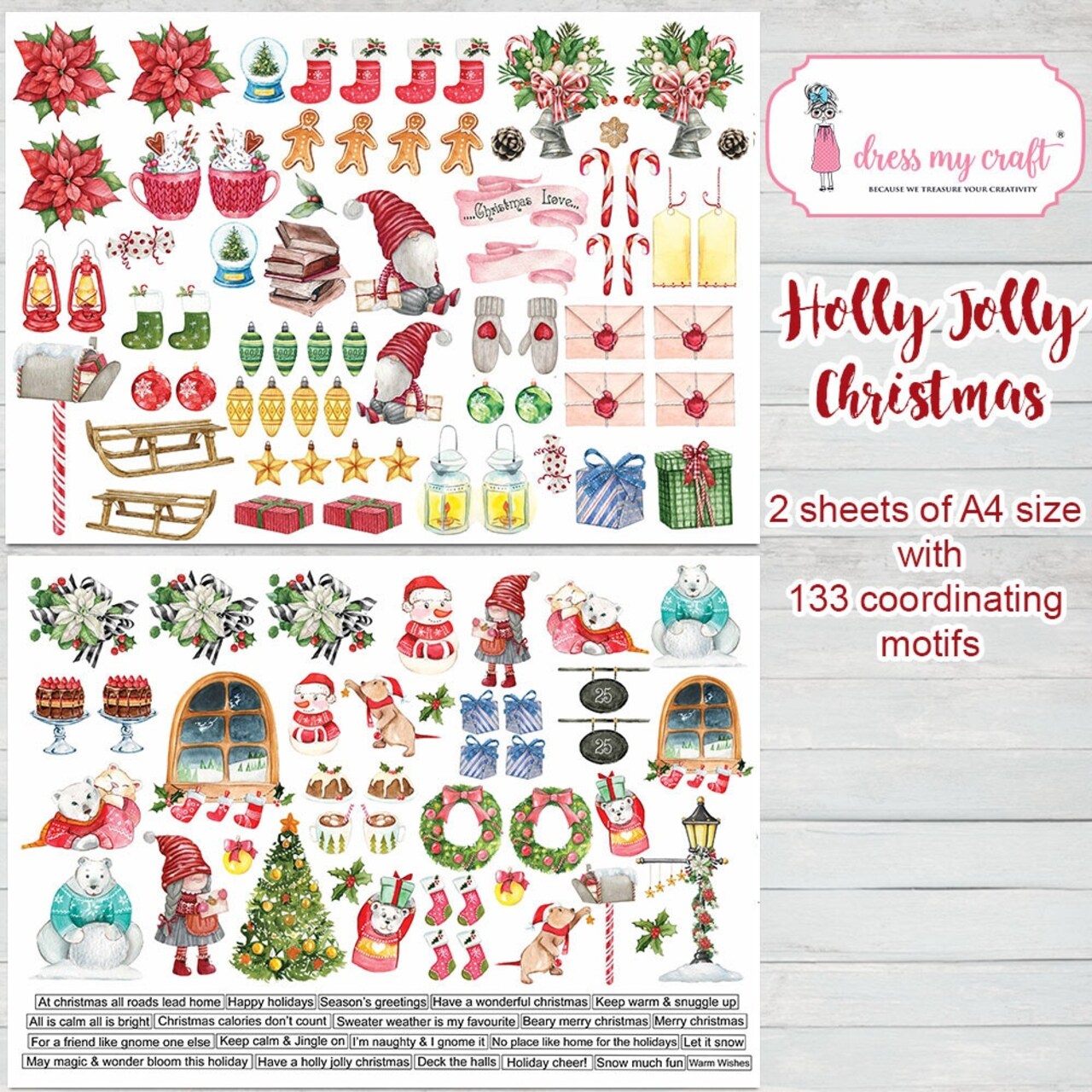 Dress My Craft Image Sheet 240gsm A4 2/Pkg-Holly Jolly Christmas, 2 sheets 133 piec